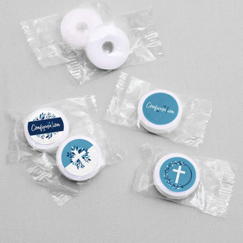 Big Dot of Happiness Confirmation Blue Elegant Cross - Boy Religious Party Round Candy Sticker Favors - Labels Fit Chocolate Candy (1 Sheet of 108)
