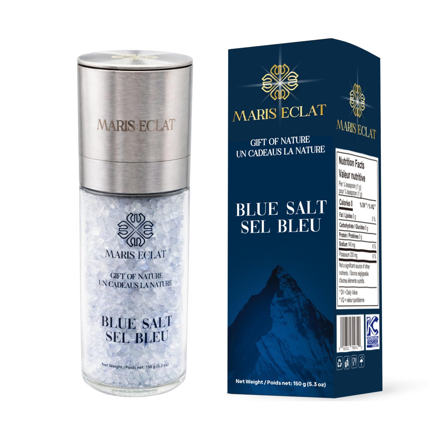 Maris Eclat Blue Salt - Premium Gourmet Mineral Salt - Refillable Glass Grinder with Stainless Steel Top - Naturally Rich in Potassium, Lower in