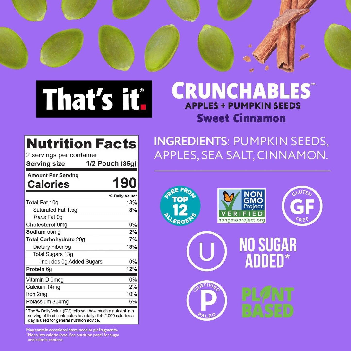 That's it. Crunchables (Apple + Sweet Cinnamon) Plant Based Protein, Gluten-Free Crunchy Snack Mix, (4 Packs x 2.5oz) Perfect for Salad Topper