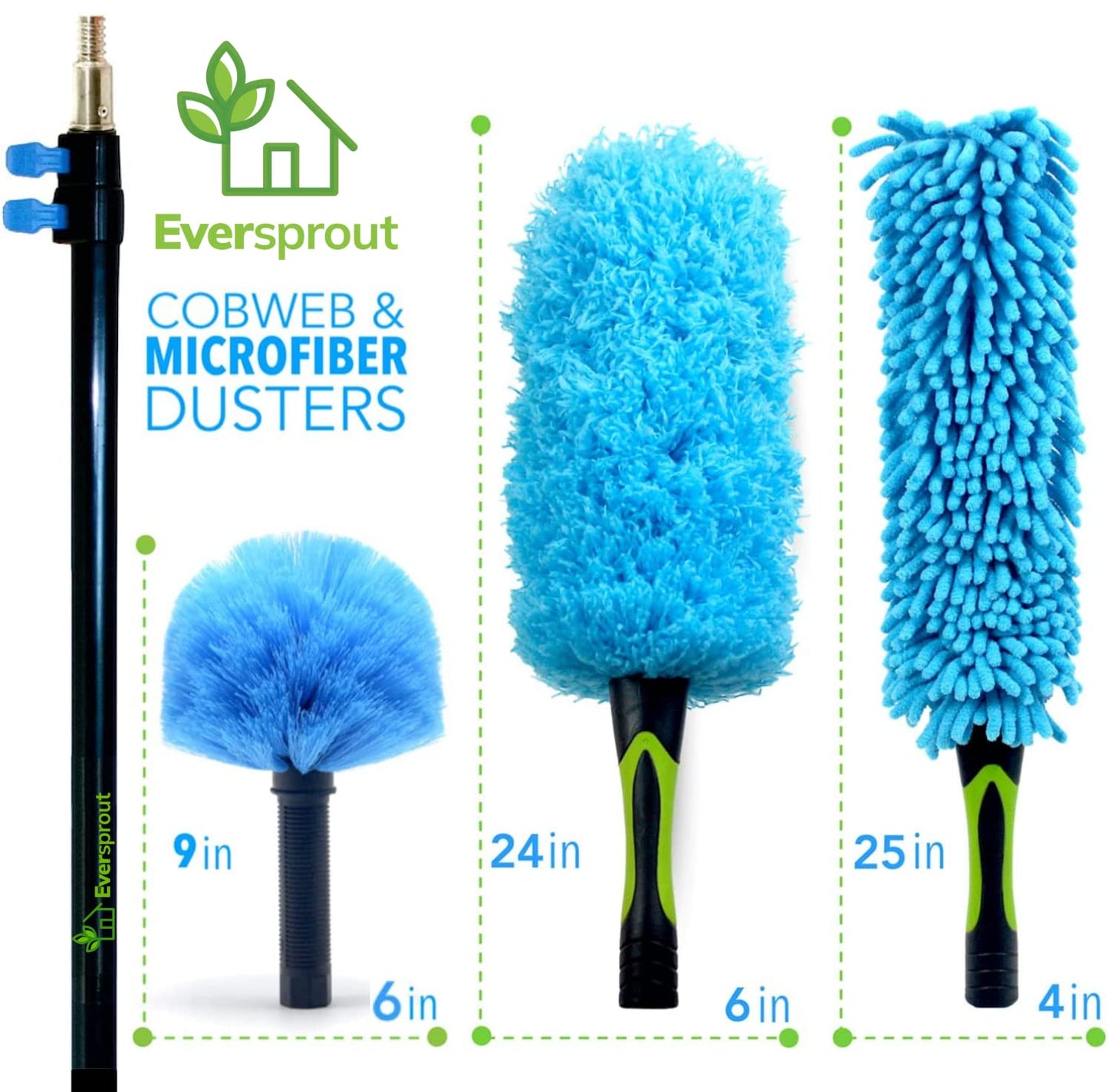 EVERSPROUT 5-to-12 Foot Duster 3-Pack with Extension-Pole (20+ Foot Reach) | Hand-packaged Cobweb Duster, Microfiber Feather Duster, Flexible