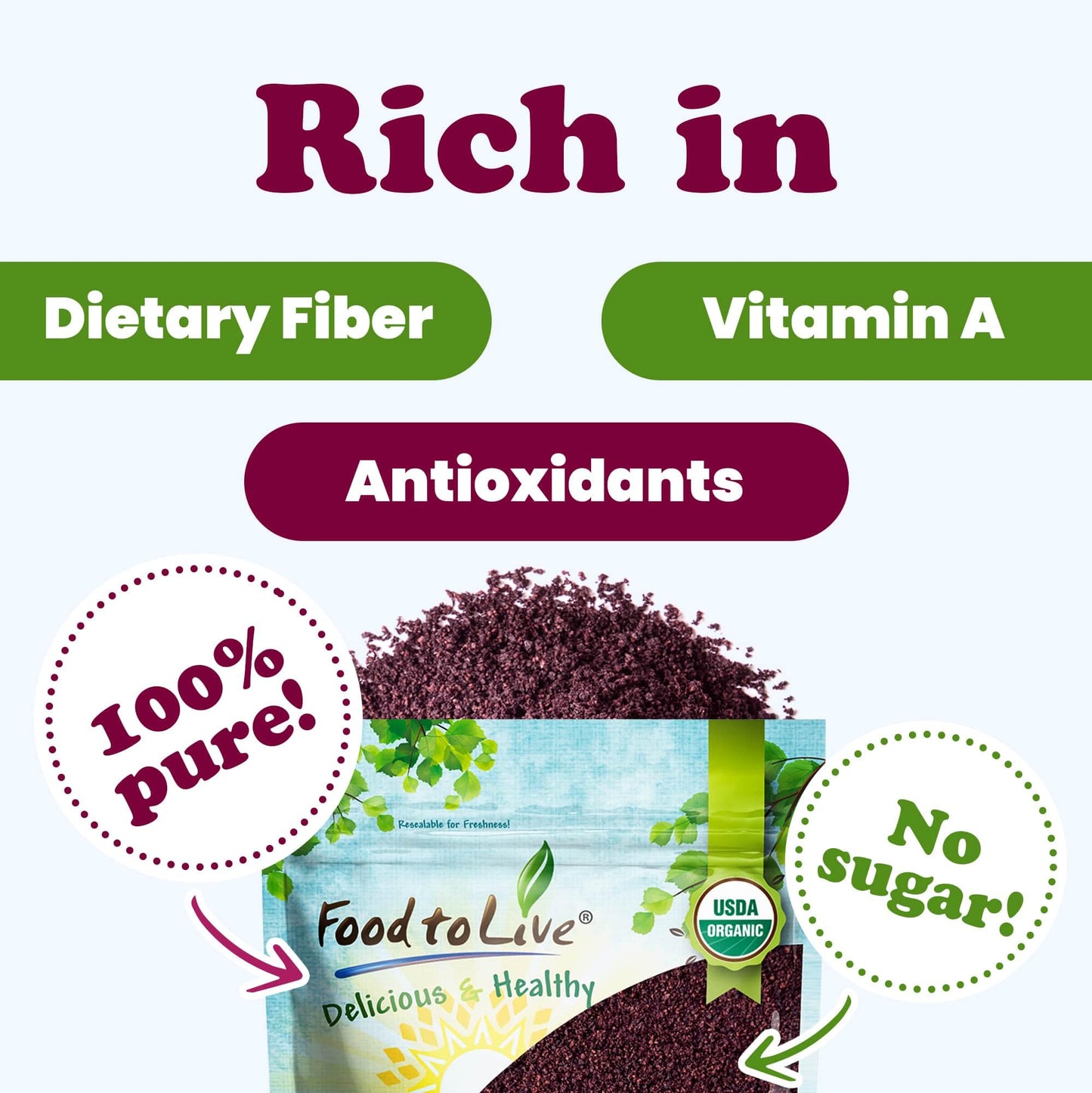Food to Live Organic Freeze-Dried Acai Berry Powder, 4 Pounds - Non-GMO, Kosher, Raw, Vegan, Unsweetened, Unsulfured, Bulk