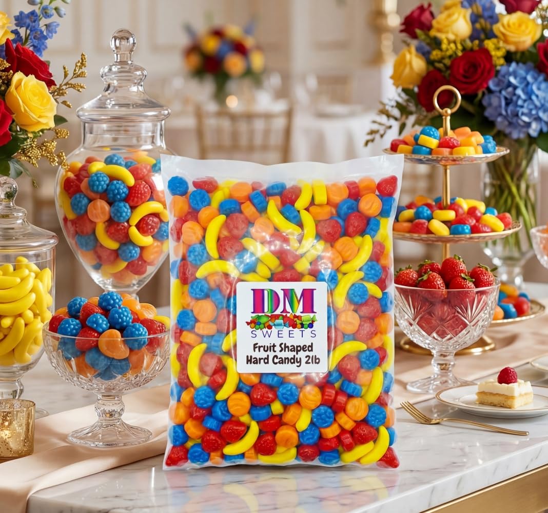 Fruit Shaped Hard Crunchy Candy - 1 lb Bulk Bag Banana Strawberry Peach Blueberry Assorted Chewy Sweet Mix. Great for Vending Machines