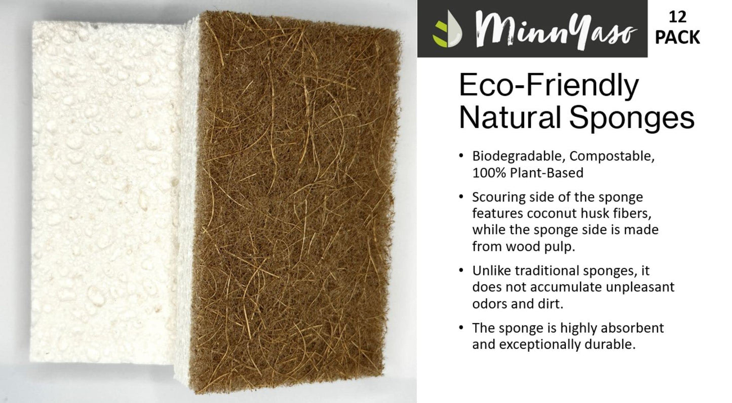 MinnYaso 12 Pack Natural Sponges | Hemp Sisal Plant Based Scrubber Scouring Sponge | Eco-Friendly Odor Free Biodegradable Compostable Wood Pulp |