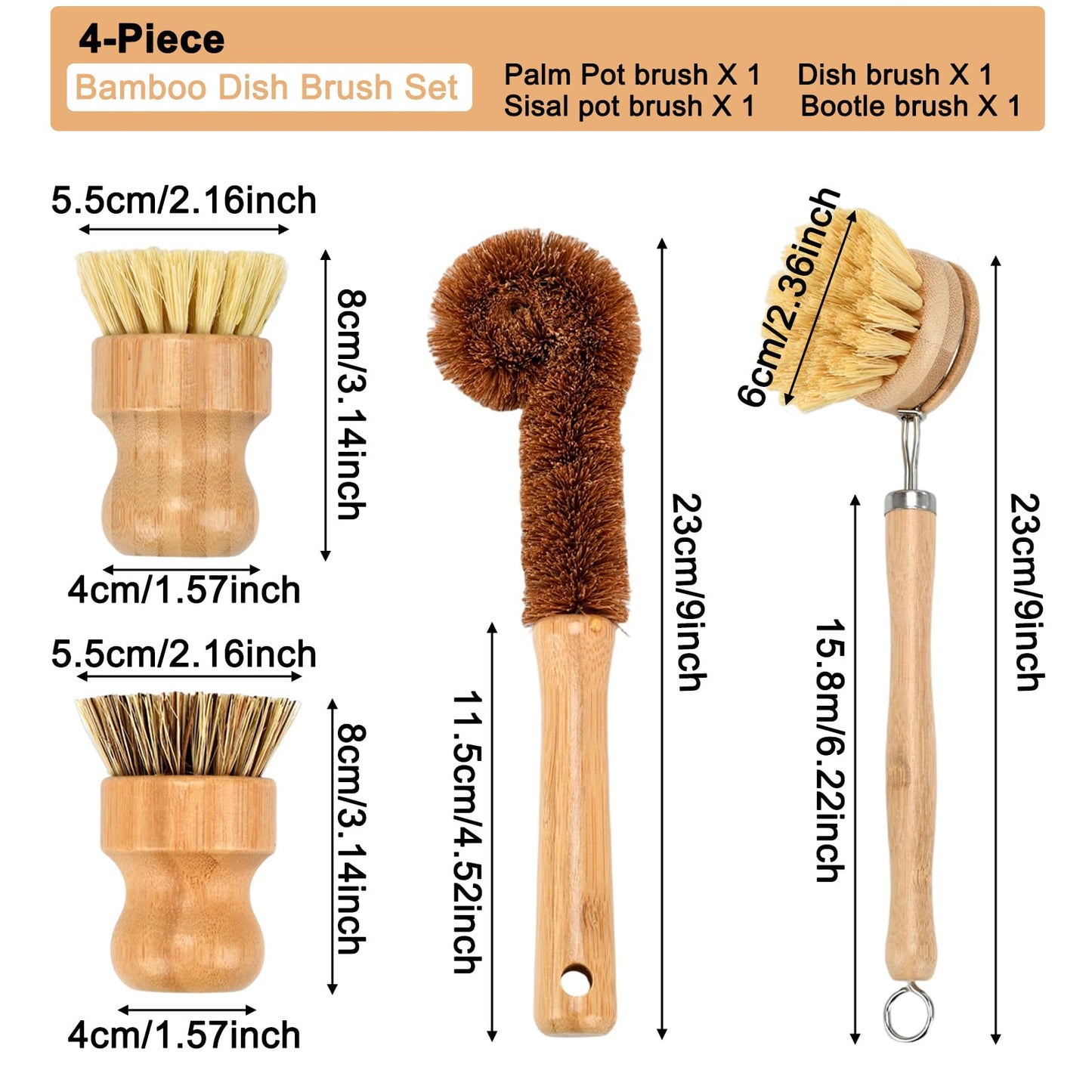 4 Piece Bamboo Dish Brush Set - Bamboo Dish Bottle Brush with Sisal, Dish Scrubber for Kitchen Cleaning Dishes, Pots, Pans