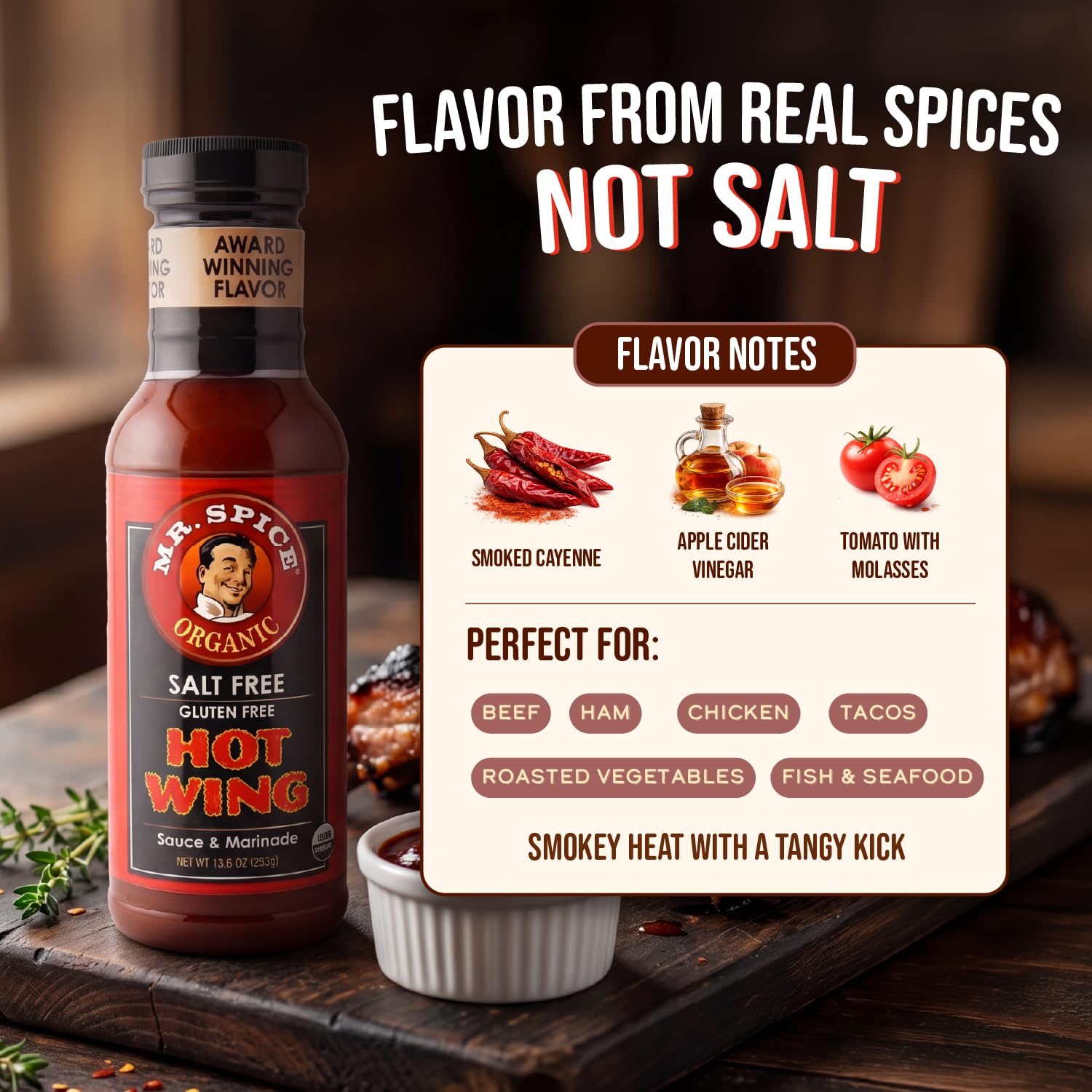 Mr. Spice Organic Hot Wing Sauce, Salt Free Hot Wing Sauce (0mg/serving), Gluten Free, Low Sodium Sauces for Marinade, Grill & Air Fryer, No Salt