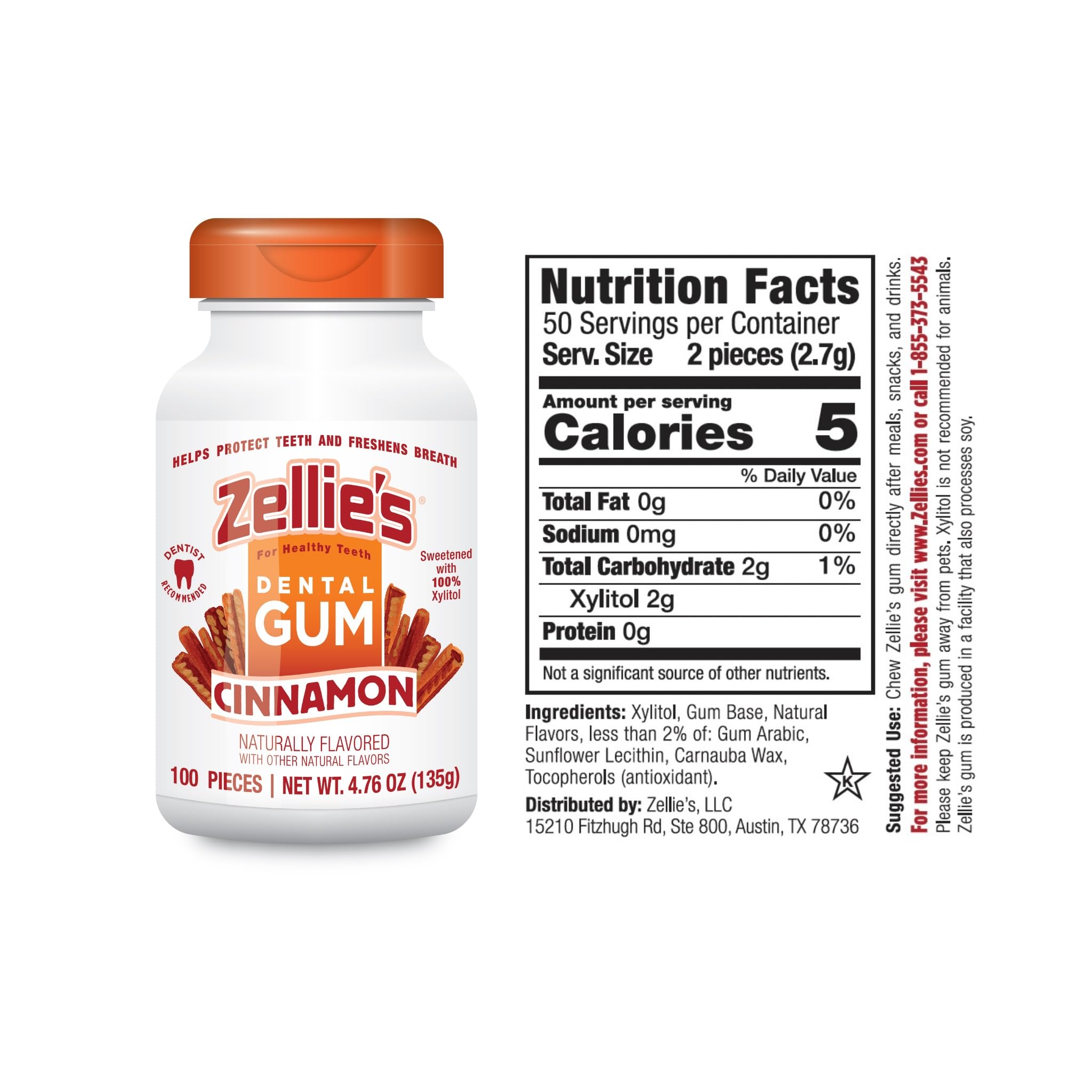 Zellie's | 100% Xylitol Cinnamon Chewing Gum | No Aspartame, Gluten Free, Vegan & Kosher (100 Count - Pack of 1)