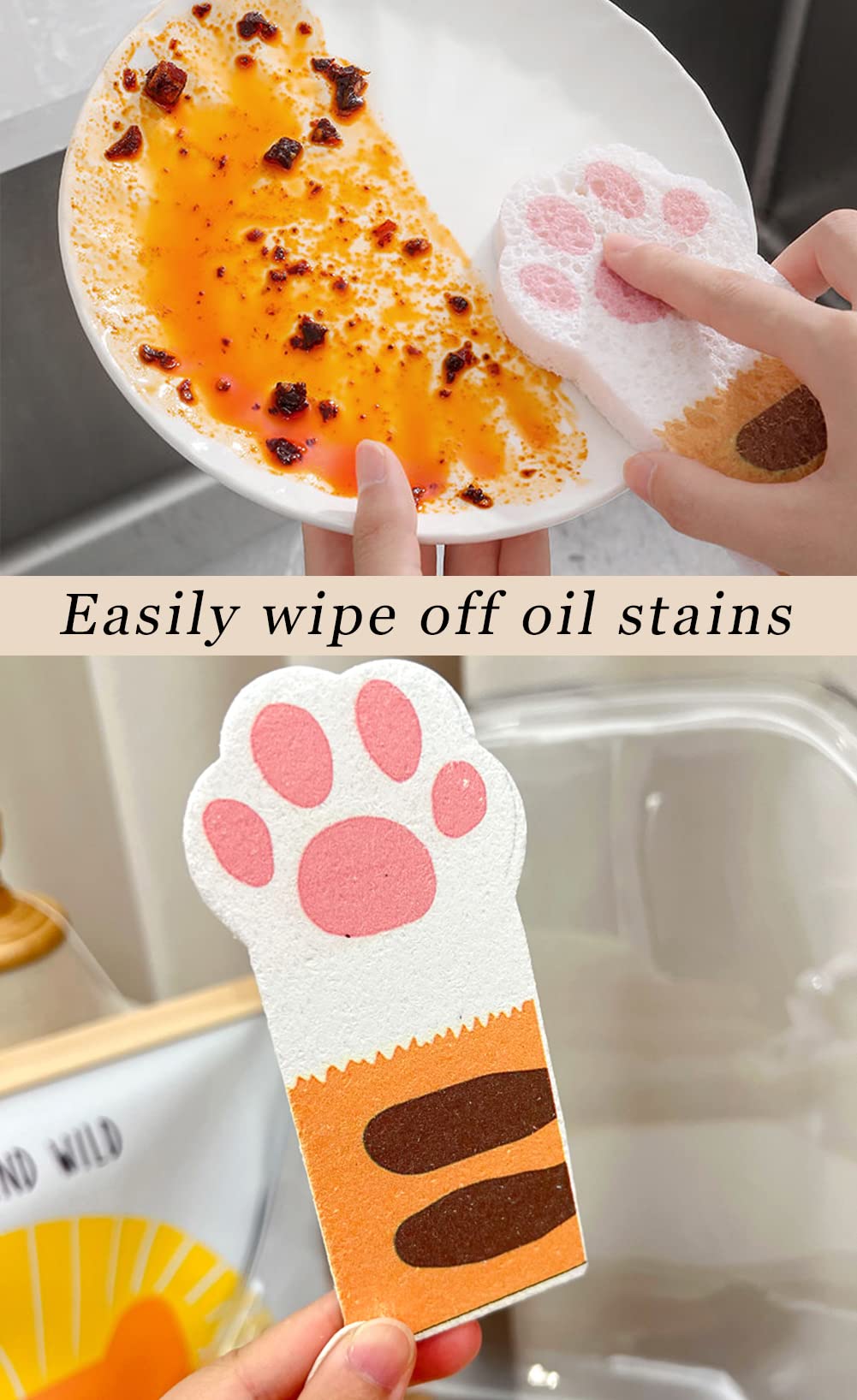 Biodegradable Cellulose Compressed Sponges, Bread Cat Paw Lemon Kitchen Wood Pulp Cleaning Sponges, Cute Natural Non-Scratch Scrub Sponges - 3 Packs