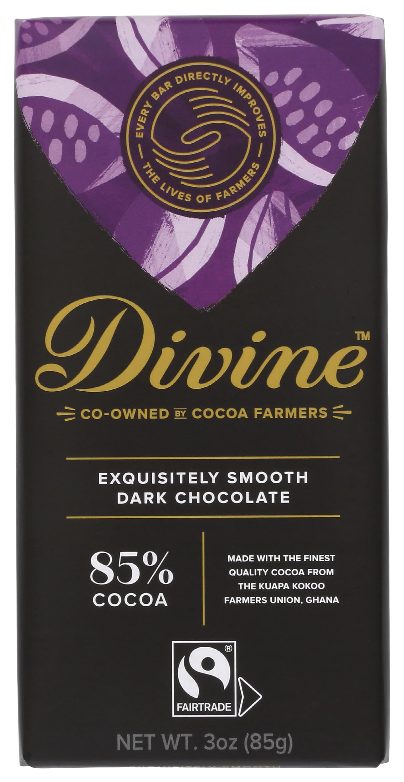 Divine Chocolate, Bar Dark Chocolate Exquisitely Rich 85%, 3 Ounce
