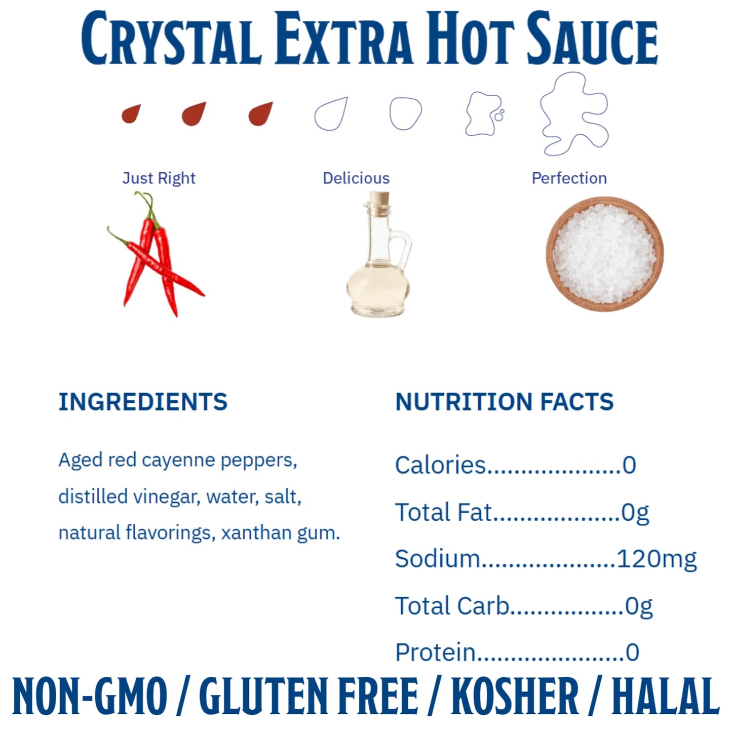 Crystal Louisiana's Pure Hot Sauce, Extra Hot - 6 oz Bottle, Low Sodium, Low Fat, All Natural - Fiery Cajun Cayenne Pepper Sauce