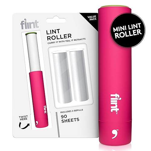 Flint Classic Pink Retractable Mini Lint Roller with 90 Extra Sticky Sheets, Small and Portable Lint Roller, Ideal Pet Hair Remover, Travel Lint