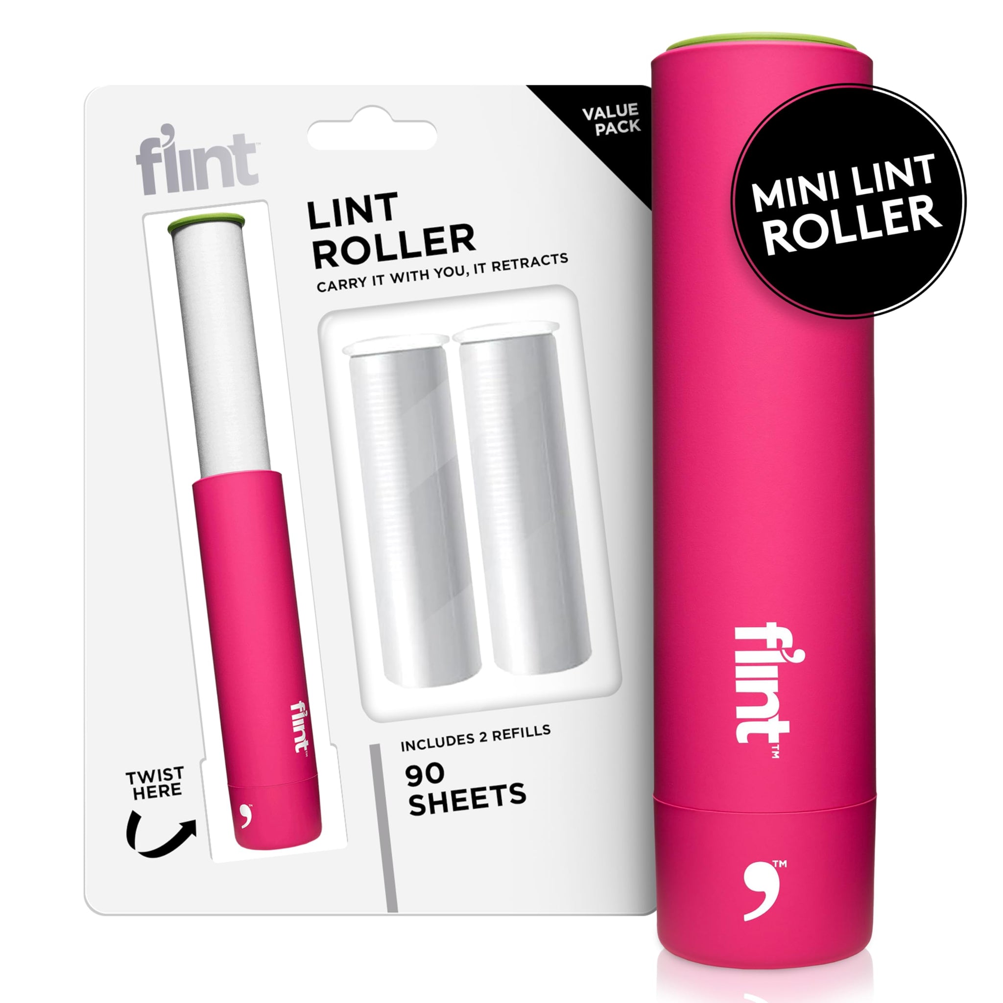 Flint Classic Pink Retractable Mini Lint Roller with 90 Extra Sticky Sheets, Small and Portable Lint Roller, Ideal Pet Hair Remover, Travel Lint