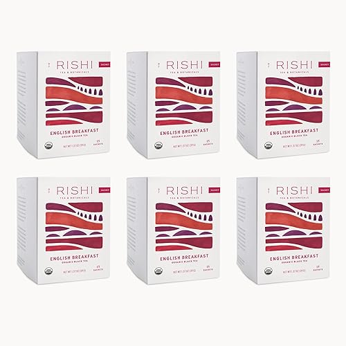 Rishi Tea English Breakfast Tea - Organic Sachet Tea Bags, Energizing & Caffeinated Pure Black Tea, Ideal for Hot or Iced Tea - 15 Count (Pack of 6)