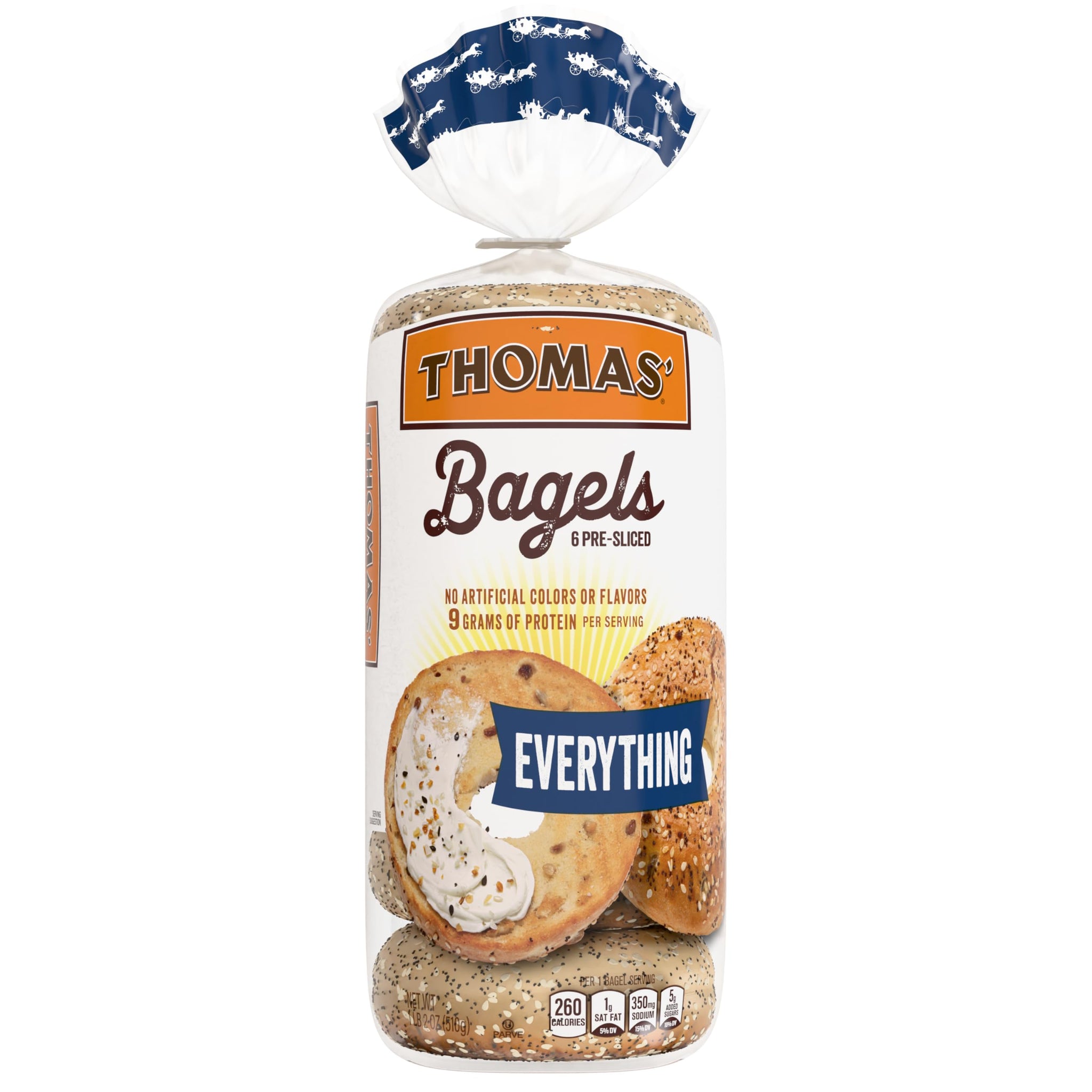Thomas' Everything Bagels, 6 count, (3.0 oz each), 9g Protein, Kosher Bagels, 18 oz Bag