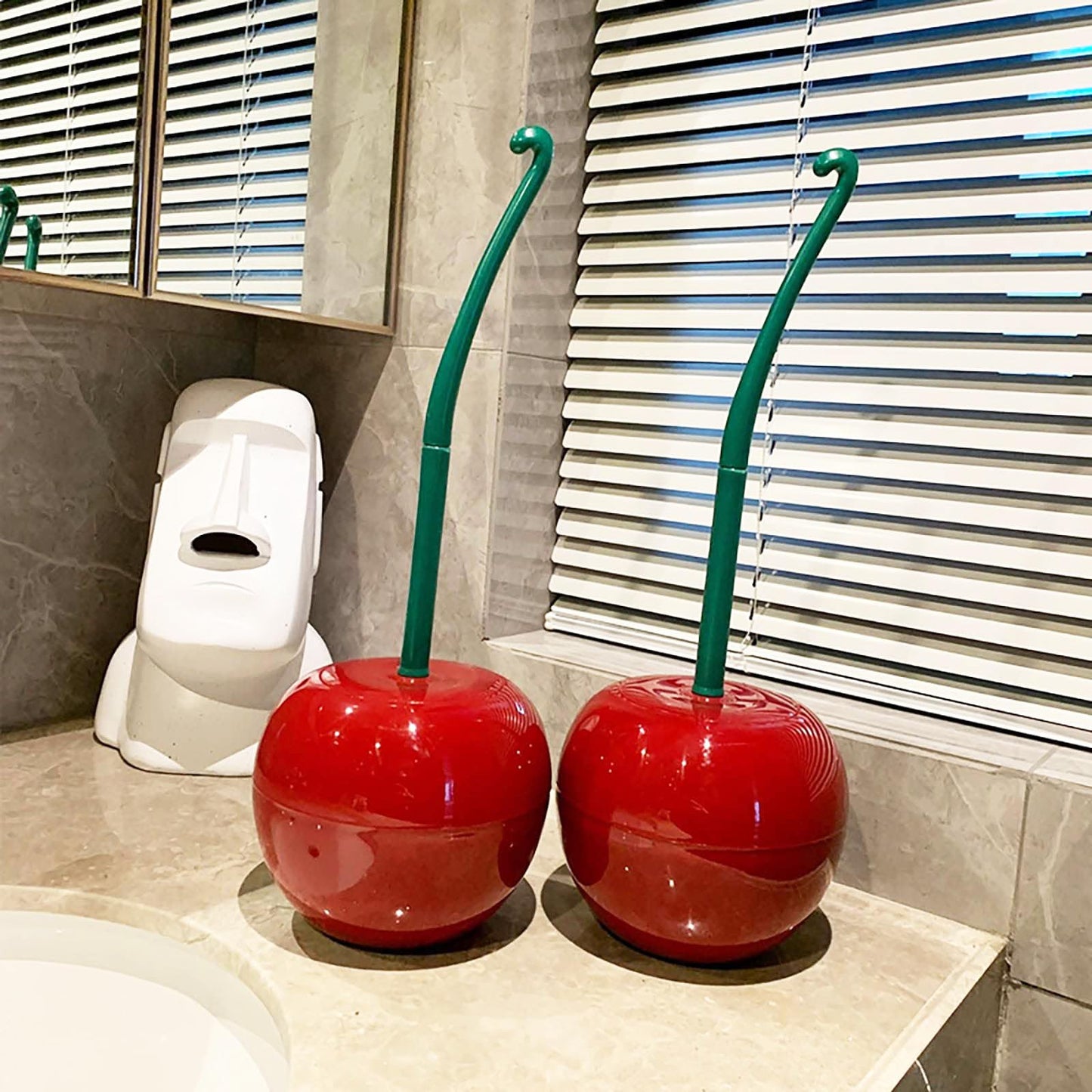 DRAMLOR Cherry Toilet Brush and Holder, Funky Cherry Bathroom Brush with Solid Handle & Sturdy Durable Bristles, Creative Cute Toilet Brush