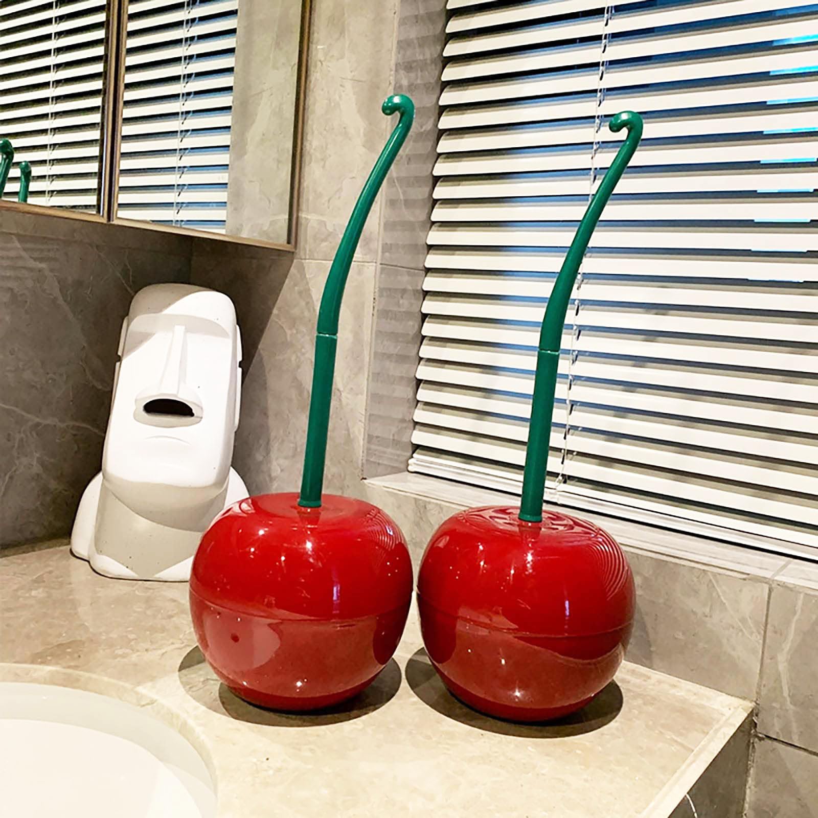 DRAMLOR Cherry Toilet Brush and Holder, Funky Cherry Bathroom Brush with Solid Handle & Sturdy Durable Bristles, Creative Cute Toilet Brush