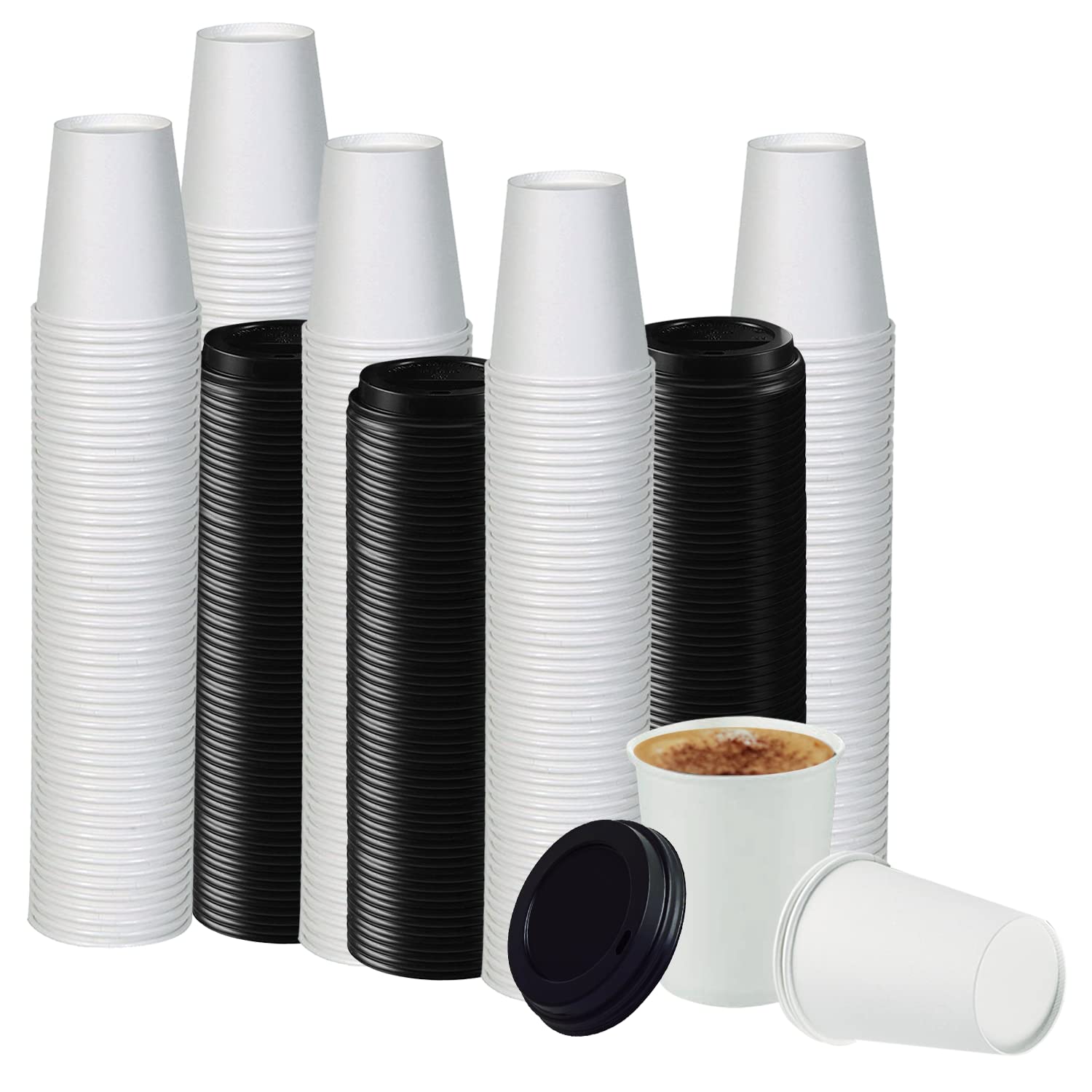 Smygoods White Original Disposable Paper Coffee Cups with Lids (12 OZ, 100 Count) For Hot Beverages, Tea, Espresso, Cocoa - To Go Drink Containers