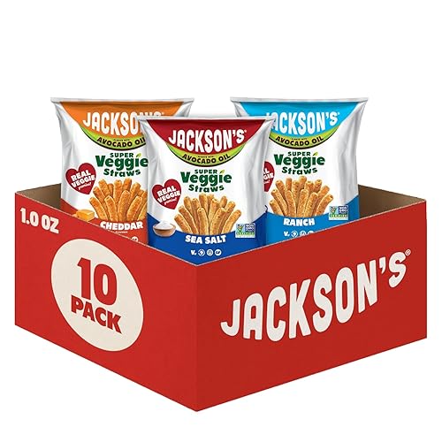 Jackson’s Super Veggie Straws Variety Pack (1 oz, Pack of 10) - Ranch, Cheddar, Sea Salt - Gluten Free, Made with Avocado Oil, Veggie Chips, Snack