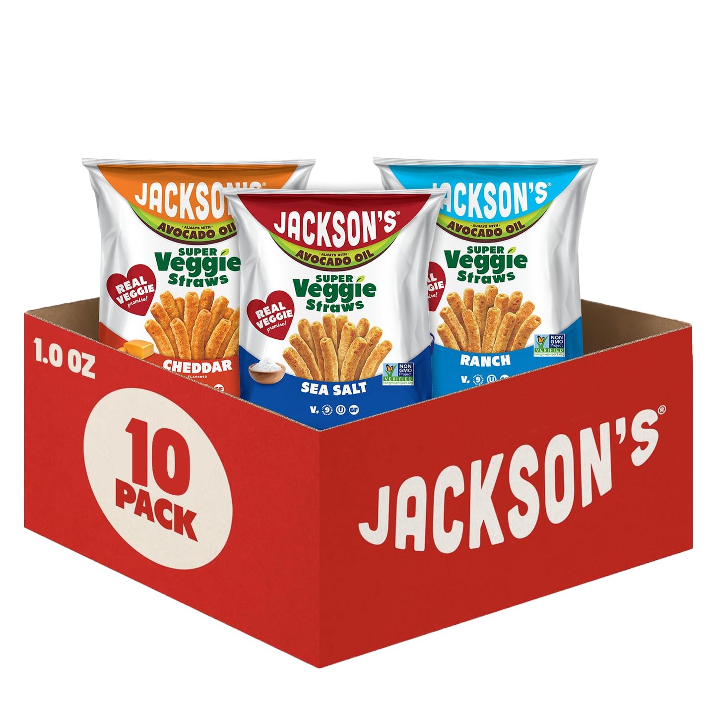 Jackson’s Super Veggie Straws Variety Pack (1 oz, Pack of 10) - Ranch, Cheddar, Sea Salt - Gluten Free, Made with Avocado Oil, Veggie Chips, Snack