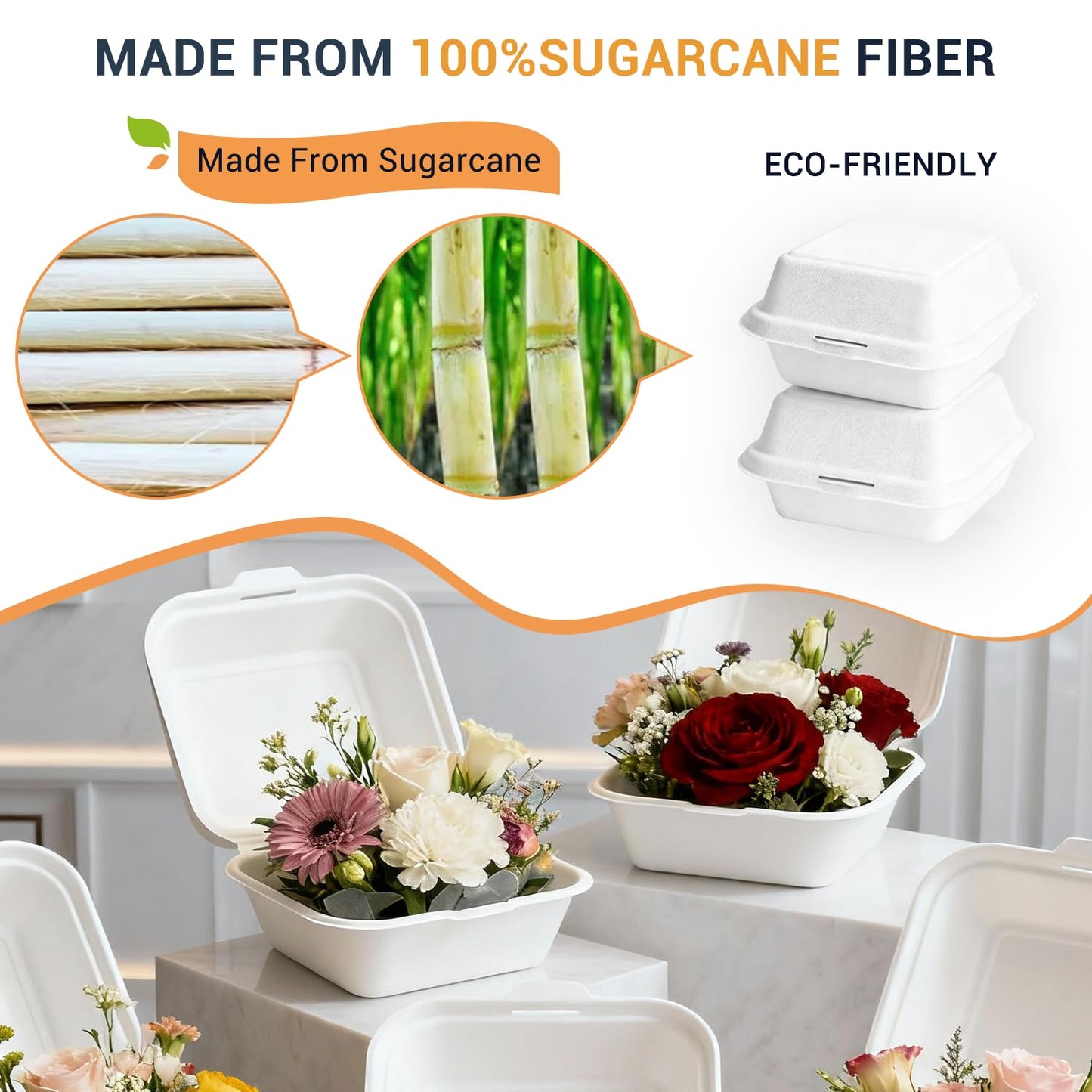 Disposable Burger Paper Clam Shell 100pcs 6" X 6" X 3" Takeaway Container with Flip Lid, Microwave/Frozen Food Grade sugarcane bagasse material