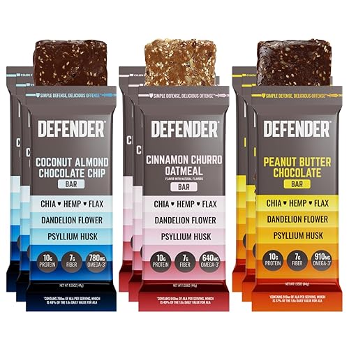 Defender Vegan Protein Bar, Variety Pack, Plant Based Snack or Breakfast Bars, Psyllium Husk, Dandelion Root, High Fiber, Non GMO, Kosher, No Stevia