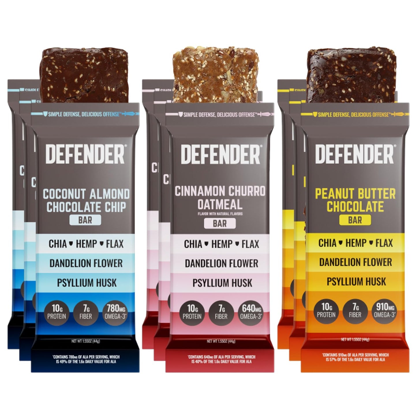 Defender Vegan Protein Bar, Variety Pack, Plant Based Snack or Breakfast Bars, Psyllium Husk, Dandelion Root, High Fiber, Non GMO, Kosher, No Stevia