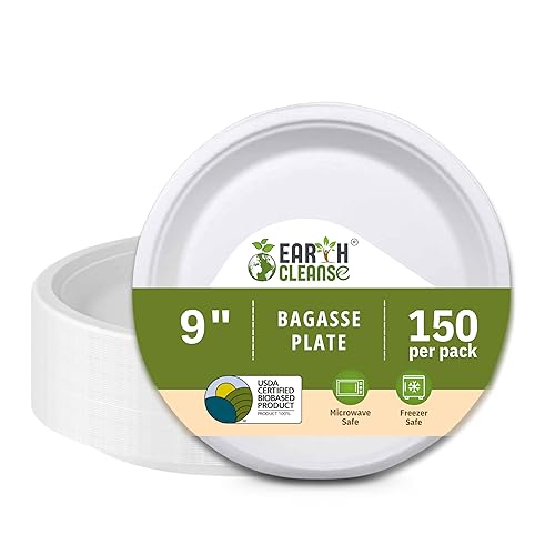 Earth Cleanse Compostable Paper Plates 9 Inch Round 150 Pack - Value Pack Heavy Duty Disposable Plates, Sugarcane Bagasse, Microwave Safe, Leak