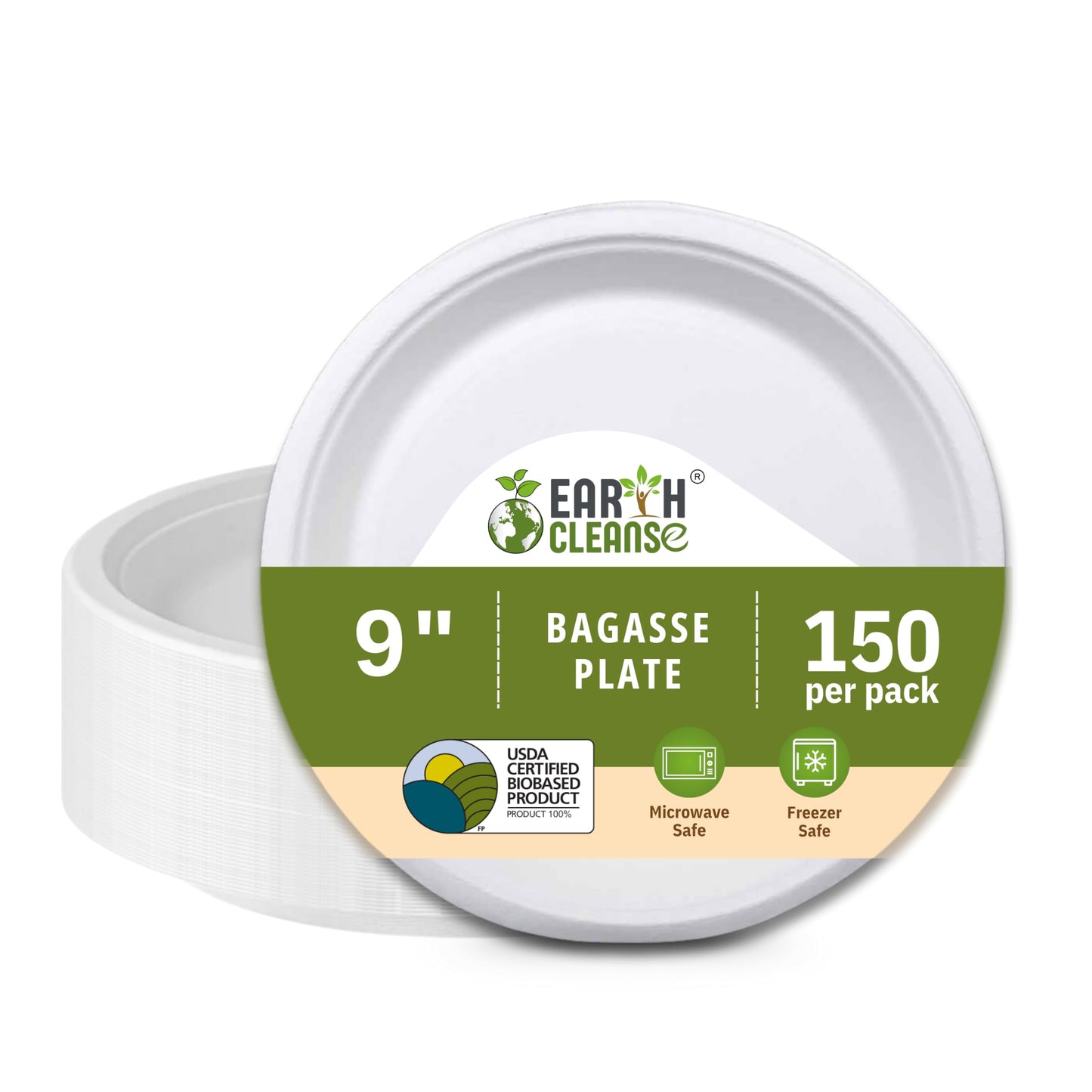 Earth Cleanse Compostable Paper Plates 9 Inch Round 150 Pack - Value Pack Heavy Duty Disposable Plates, Sugarcane Bagasse, Microwave Safe, Leak