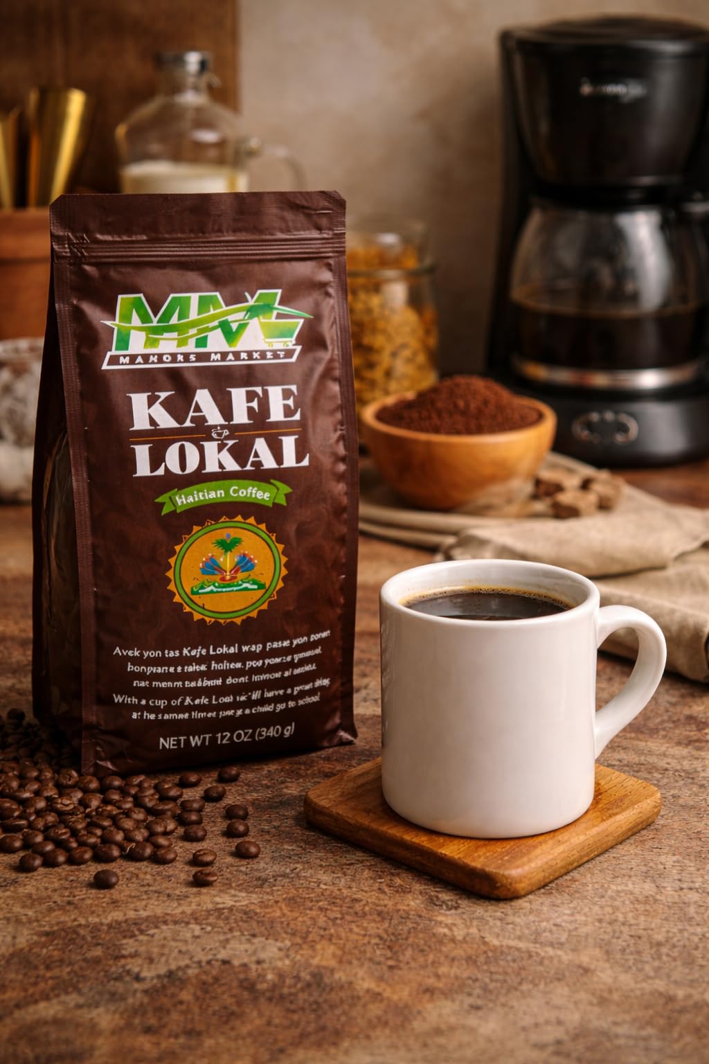 Kafe Lokal Haitian Ground Coffee 9oz - Premium 100% Arabica Dark Roast Coffee, Caribbean Mountain Coffee, Rich Aroma & Smooth Flavor