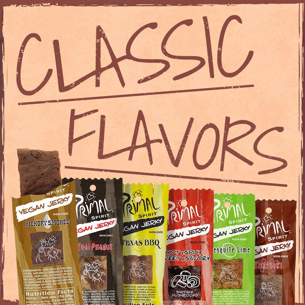 Primal Spirit Vegan Jerky - Sampler Pack, 10g. Plant Based Protein, Certified Non-GMO ("Classics" Thai Peanut, Mesquite Lime, Teriyaki, Hot & Spicy