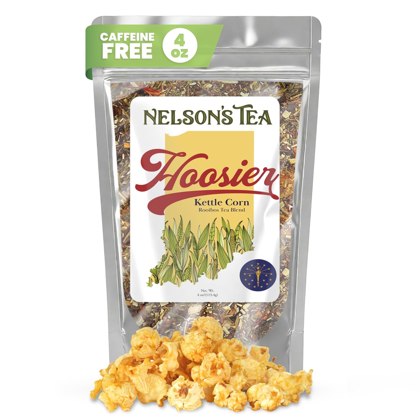 Nelson's Tea Hoosier Kettle Corn - Cut & Sifted, Caffeine Free Loose Leaf Tea with Sweet and Spicy Blend of Green Rooibos, Honeybush, Caramel, Corn
