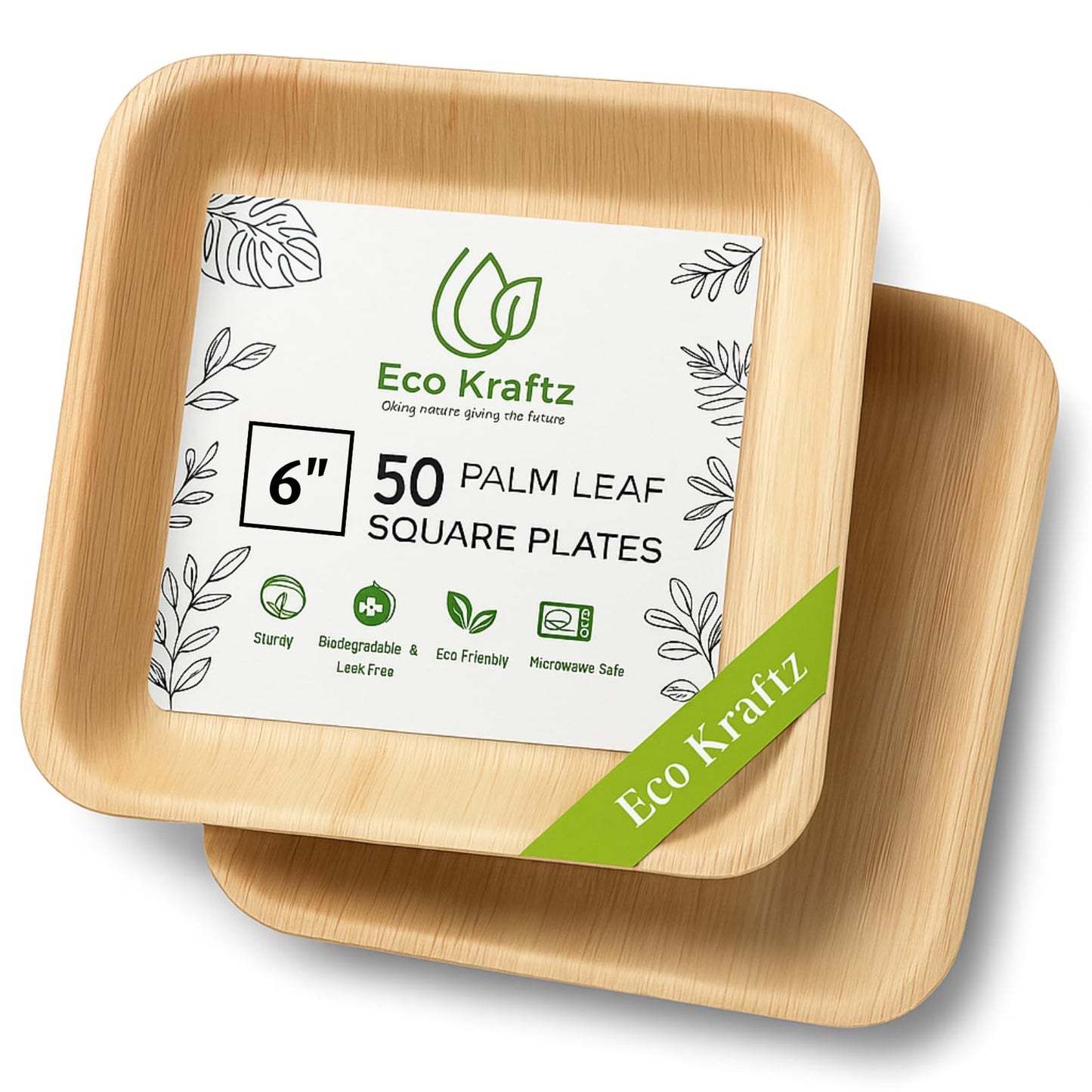 Eco Kraftz 50-Pack Square Palm Leaf Plates-Compostable & Biodegradable, Sturdy Disposable plates for Weddings, Events, Odor-Free, Microwave Safe