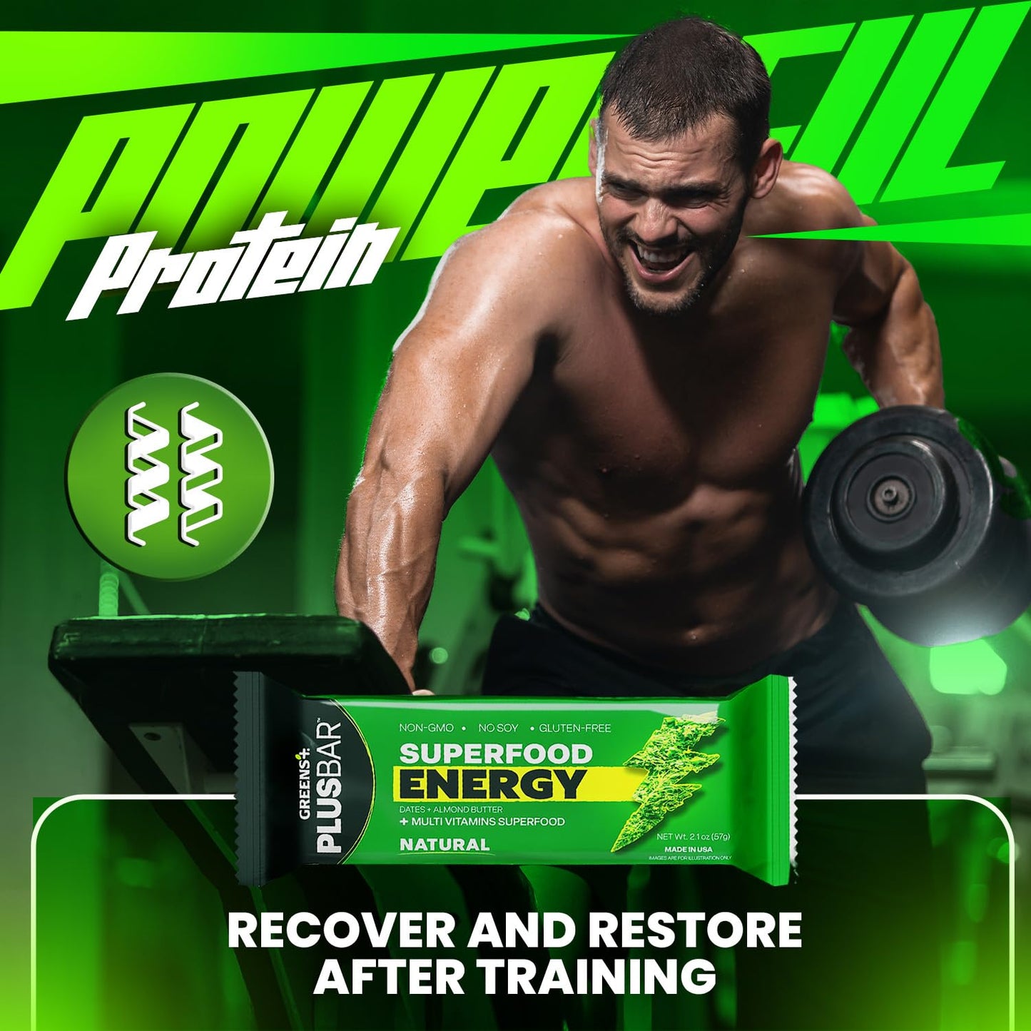 Greens+ Plusbar Energy, Natural, Gluten-Free Snack with Super Greens, Superfoods & Almond Butter, Vegan, Dairy-Free, Non-GMO, 10g Protein Meal