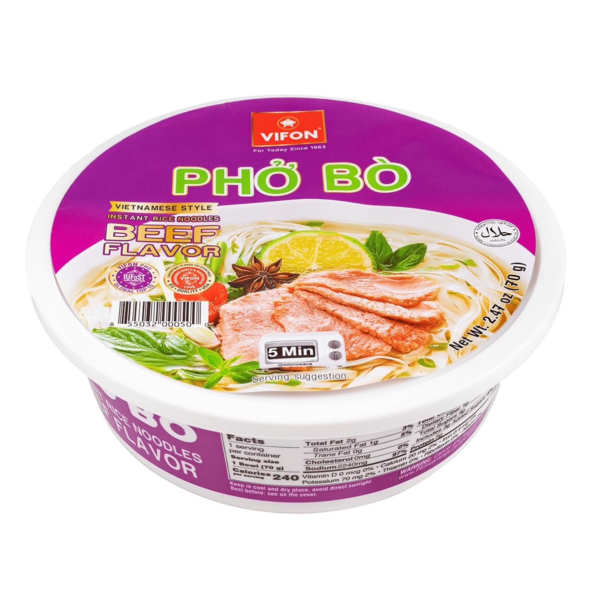 Vifon, Pho Bo Vietnamese Style Instant Rice Noodles Beef Flavor, 2.47 Ounce