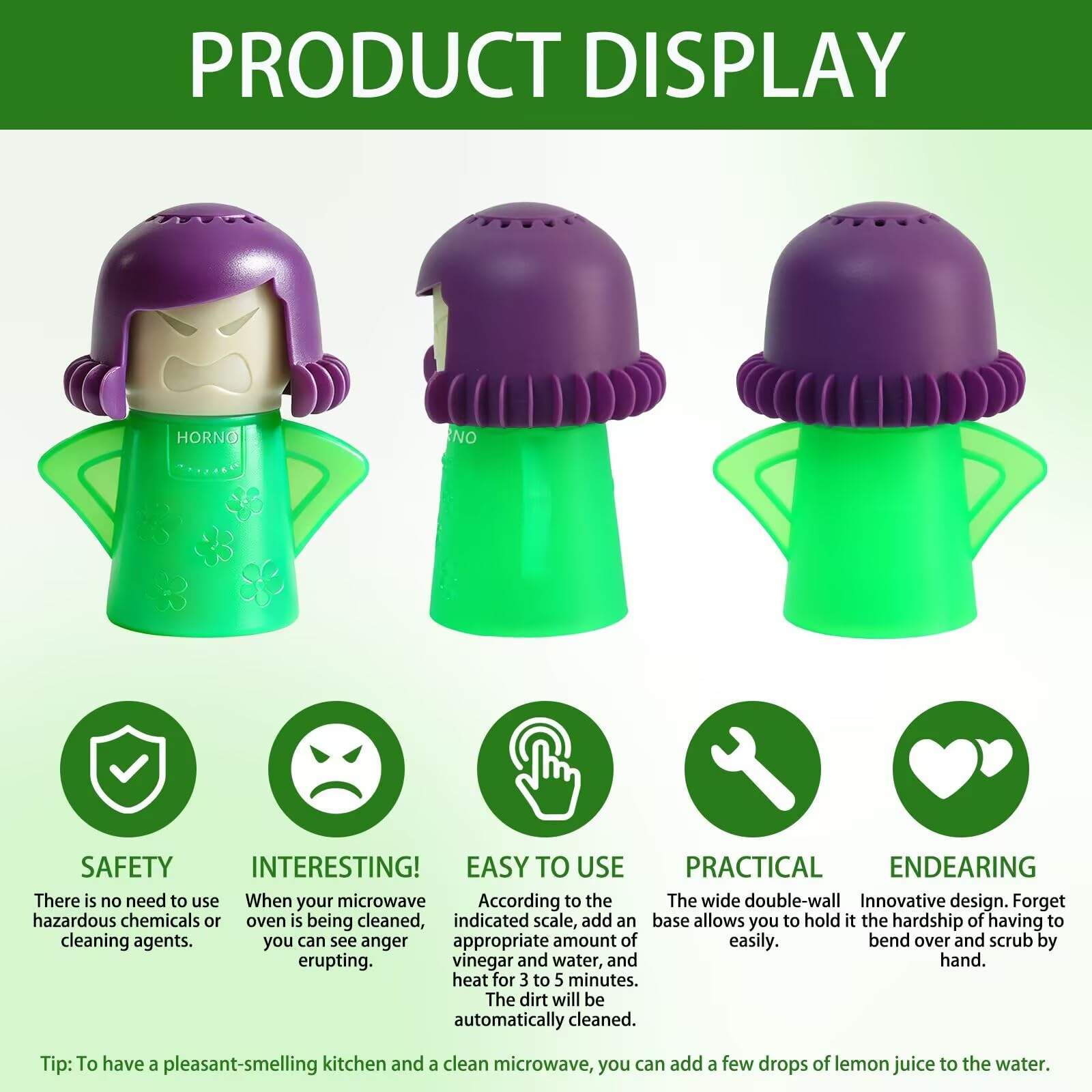 HORNO Angry Mama Microwave Oven Steam Cleaner and Disinfects With Vinegar and Water for Kitchens (Green)