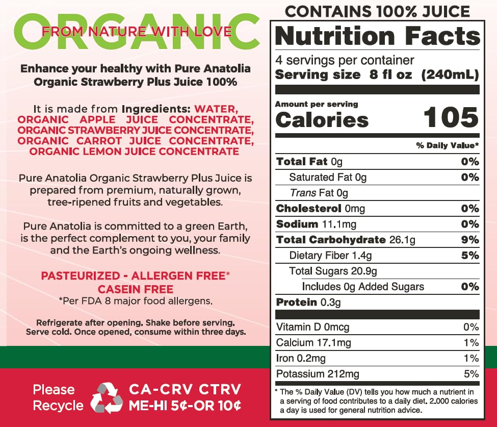 Pure Anatolia Organic Strawberry Juice Detox Blend 32 fl oz - Natural Juice with Apple, Lemon & Carrot - Organic Drink With No Preservatives and Sugar