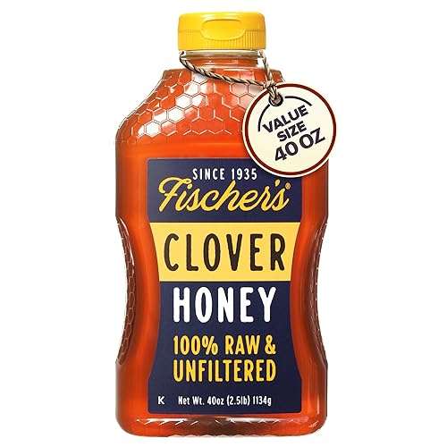 Fischer's Pure Clover Honey 40 oz - 100% Pure, Raw and Unfiltered Honey in a Squeeze Bottle - All-Natural Sweetener - Rich Flavor Profile, Packed with Nutrients