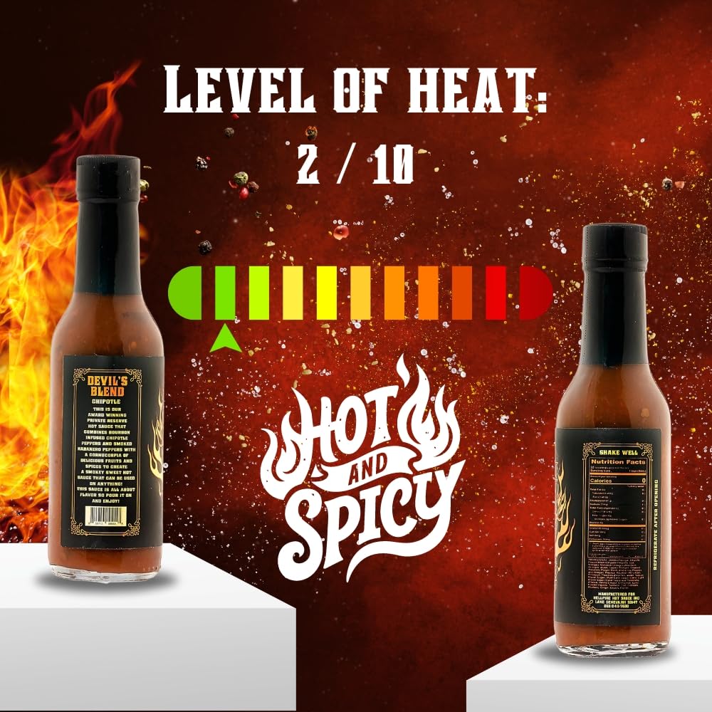 Hellfire Devil's Blend Bourbon Chipotle Hot Sauce, Bourbon Infused Chipotle Peppers, Smoked Habaneros, and Exotic Fruits and Spices, Gourmet,