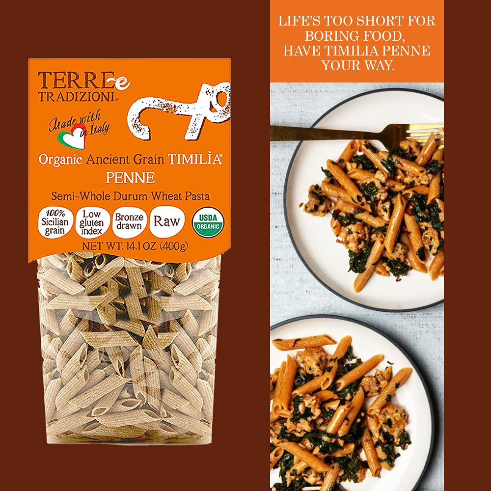 TERRE E TRADIZIONI 6 PACKS ORGANIC ITALIAN SEMI WHOLE DURUM WHEAT PENNE PASTA,LOW-GLUTEN INDEX. Has 6X More Fiber and Protein than Popular Grains. Al