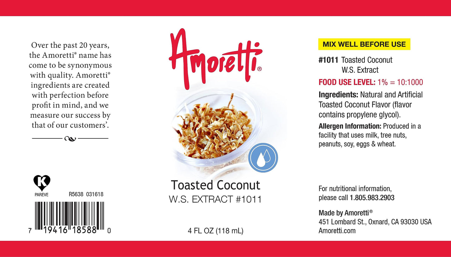 Amoretti - Toasted Coconut Extract Water Soluble 2 oz - Highly Concentrated & Perfect For Pastry, Savory, Brewing, and more, Preservative Free, Vegan