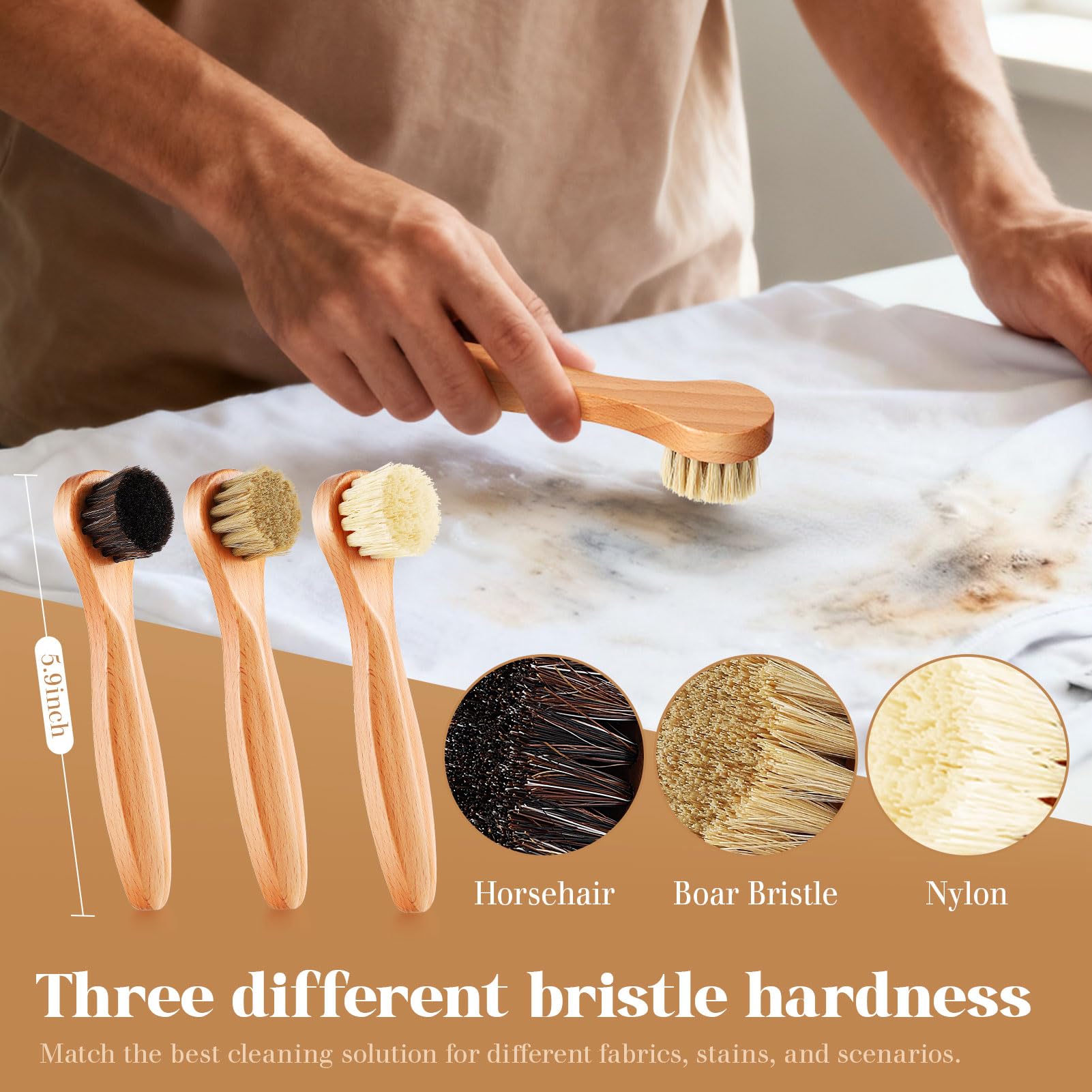 3 Pcs Wooden Laundry Stain Brush Stain Remover Dauber Brushes with Round Head Boar Bristle Small Stain Brush for Clothes for Scrubbing Stains from