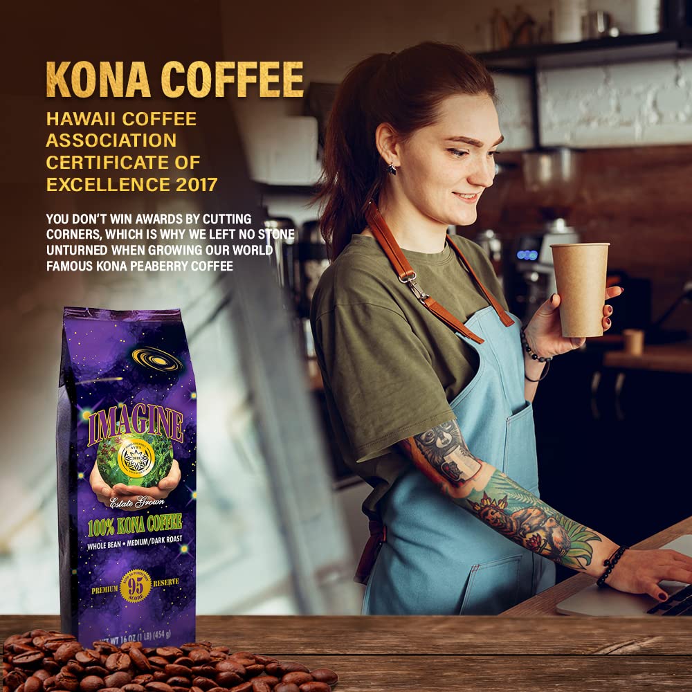 Imagine Kona Coffee Whole Bean | Arabica Kona Beans | Top Grade Air Roasted Organic Coffee Beans | Medium Dark Roast | Organic Whole Bean - 16oz