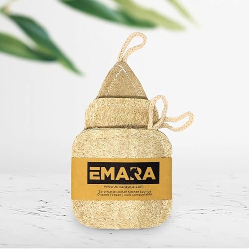 EMARA All Natural Kitchen Sponge Set of 3, Zero Waste Loufa, Organic, Vegan, 100% Biodegradable and Compostable, Durable, Reusable, Eco-Friendly