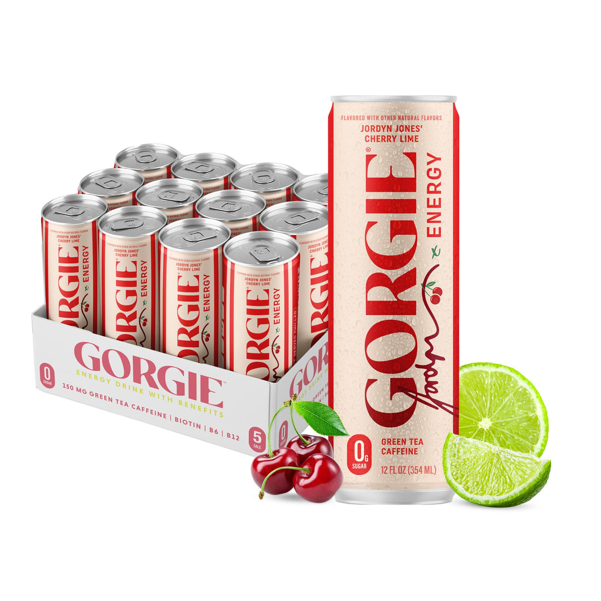 GORGIE Cherry Lime Sugar Free Energy Drink, Green Tea, 12 Pack