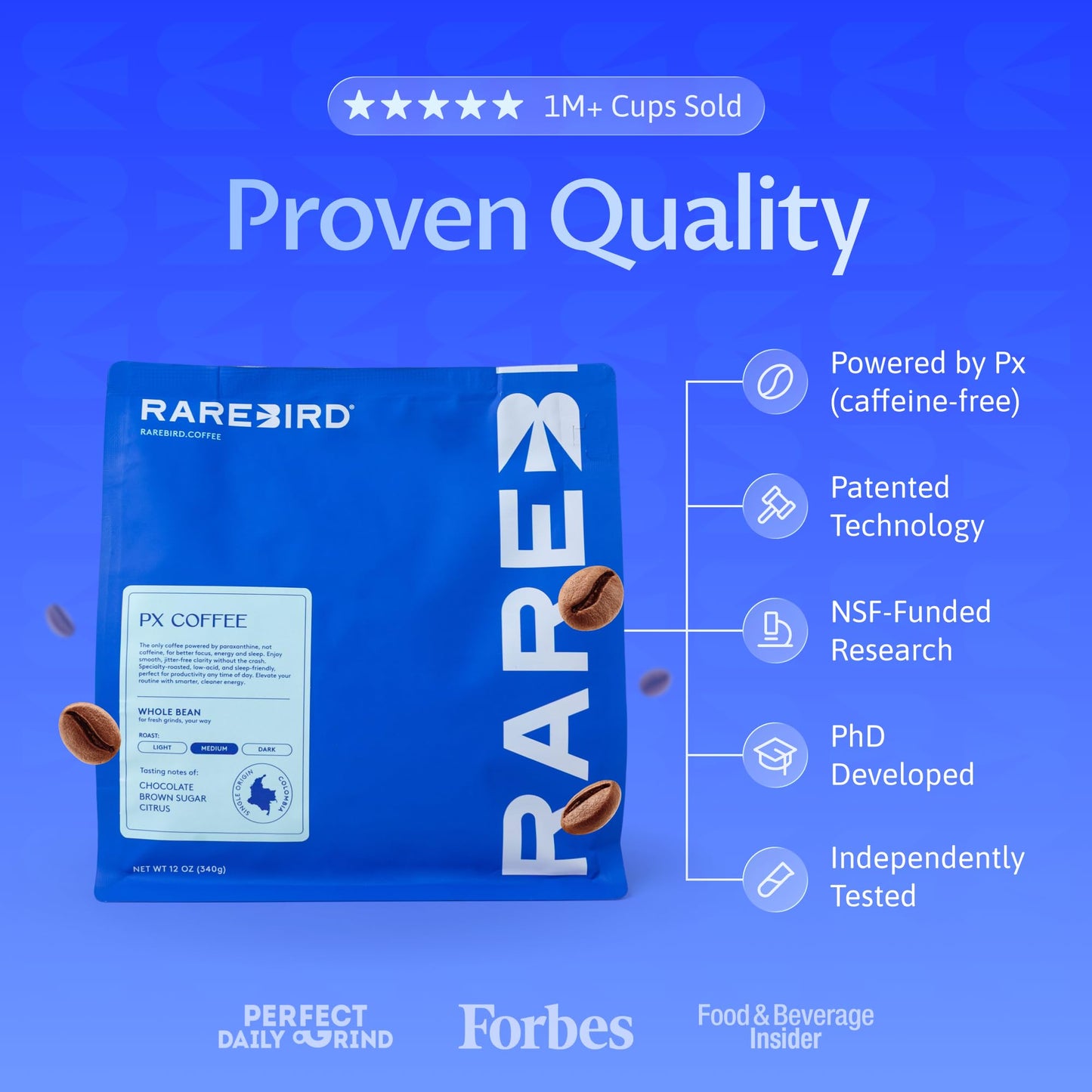 Rarebird Px Coffee, Whole Bean Coffee - Medium Roast - Powered by Px (Paraxanthine) for Smooth, Focused, Sleep-Friendly Energy - Specialty Grade