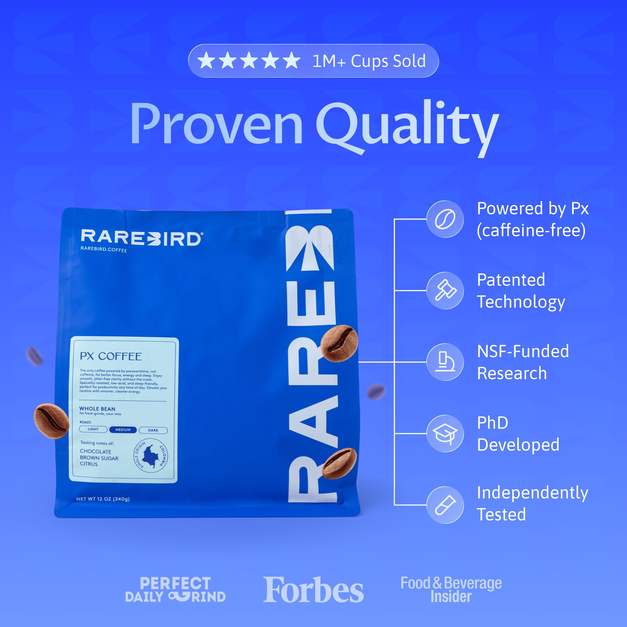 Rarebird Px Coffee, Whole Bean Coffee - Medium Roast - Powered by Px (Paraxanthine) for Smooth, Focused, Sleep-Friendly Energy - Specialty Grade