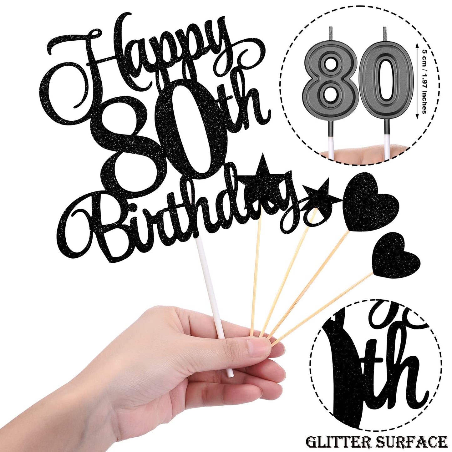 80th Birthday Cake Decorations Set, 80th Birthday Candles Numeral 80 Cake Candles and Happy 80th Birthday Cake Toppers for Party Supplies (Black