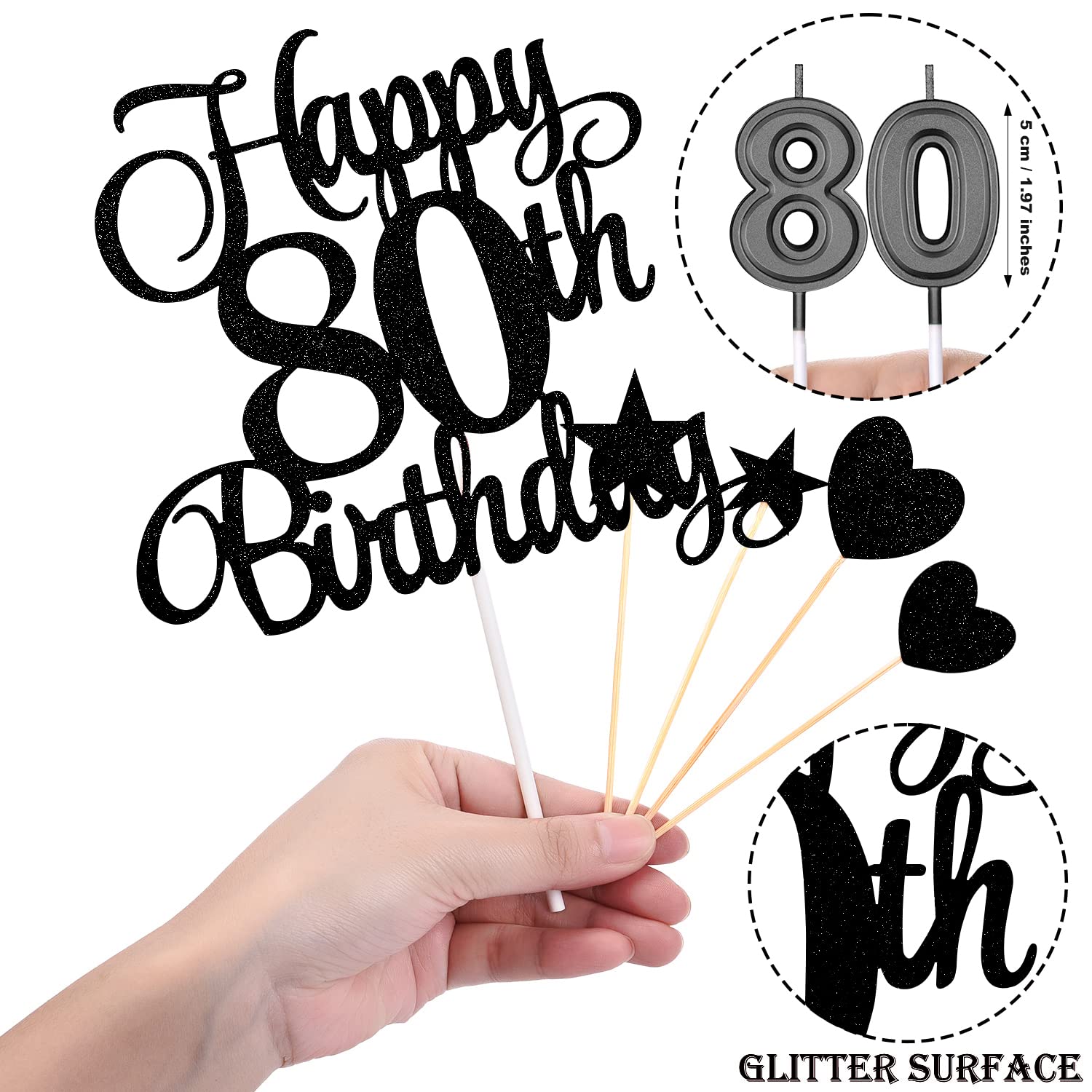80th Birthday Cake Decorations Set, 80th Birthday Candles Numeral 80 Cake Candles and Happy 80th Birthday Cake Toppers for Party Supplies (Black