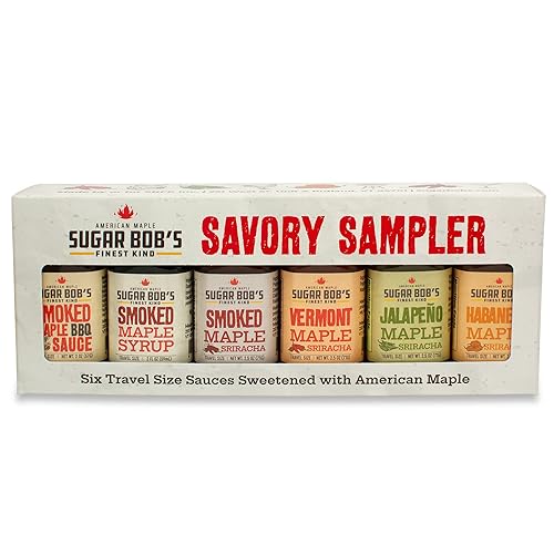Sugar Bob's Finest Kind - Savory Maple Pantry 6 Flavor Variety Pack - Smoked Maple Syrup, BBQ Sauce, Maple Sriracha Hot Sauces & More - 2 oz Size