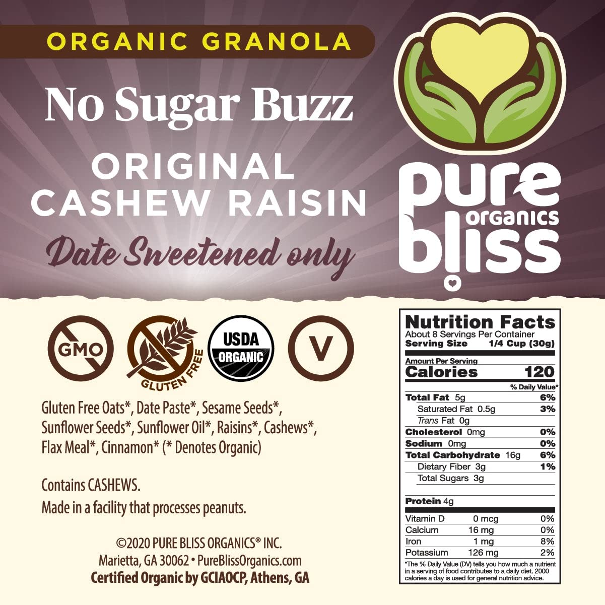 Pure Bliss Organics No Sugar Buzz Cashew Raisin Granola, Certified Organic and Gluten Free, Vegan, Non GMO, Low Glycemic, Low Sugar Alternative, Date