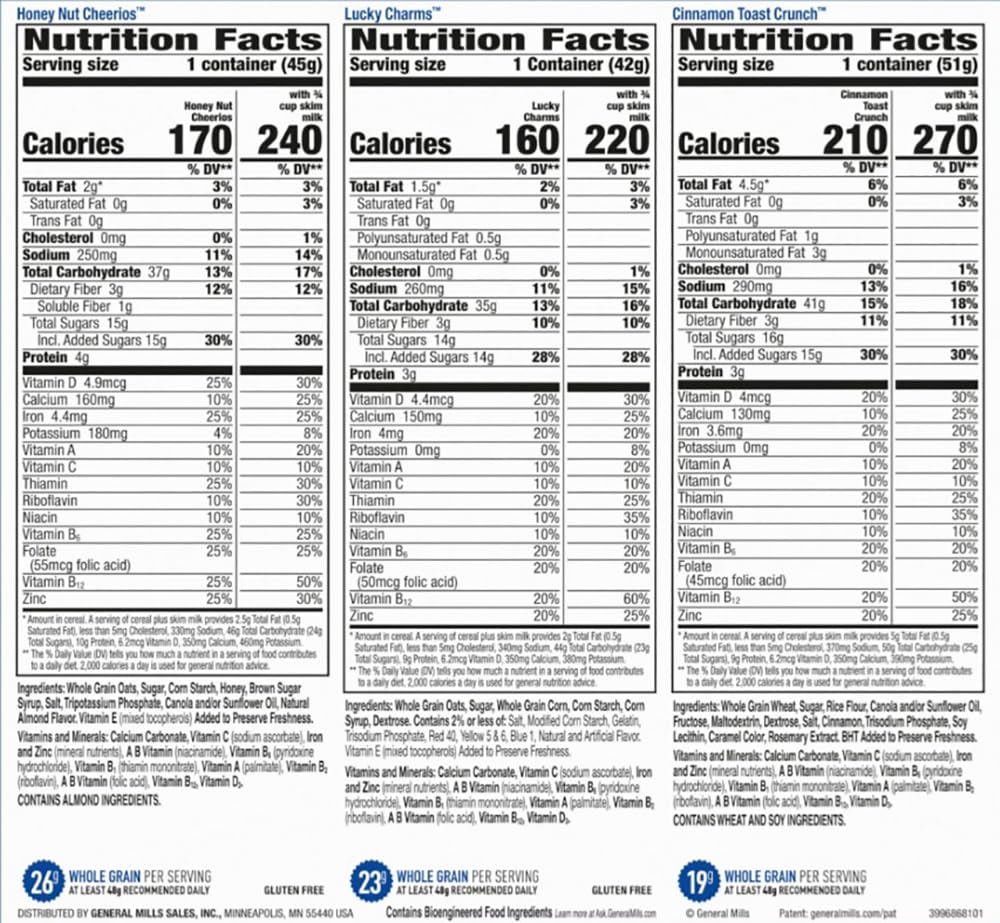 Cereal Cups Variety Pack - Single Serve Breakfast Cereal Assortment - Honey Nut Cheerios, Lucky Charms, Cinnamon Toast Crunch - Care Package Gift Box